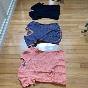 Lot of three scrub tops gray black orange medium large.scrubstar/koi/NrG fair